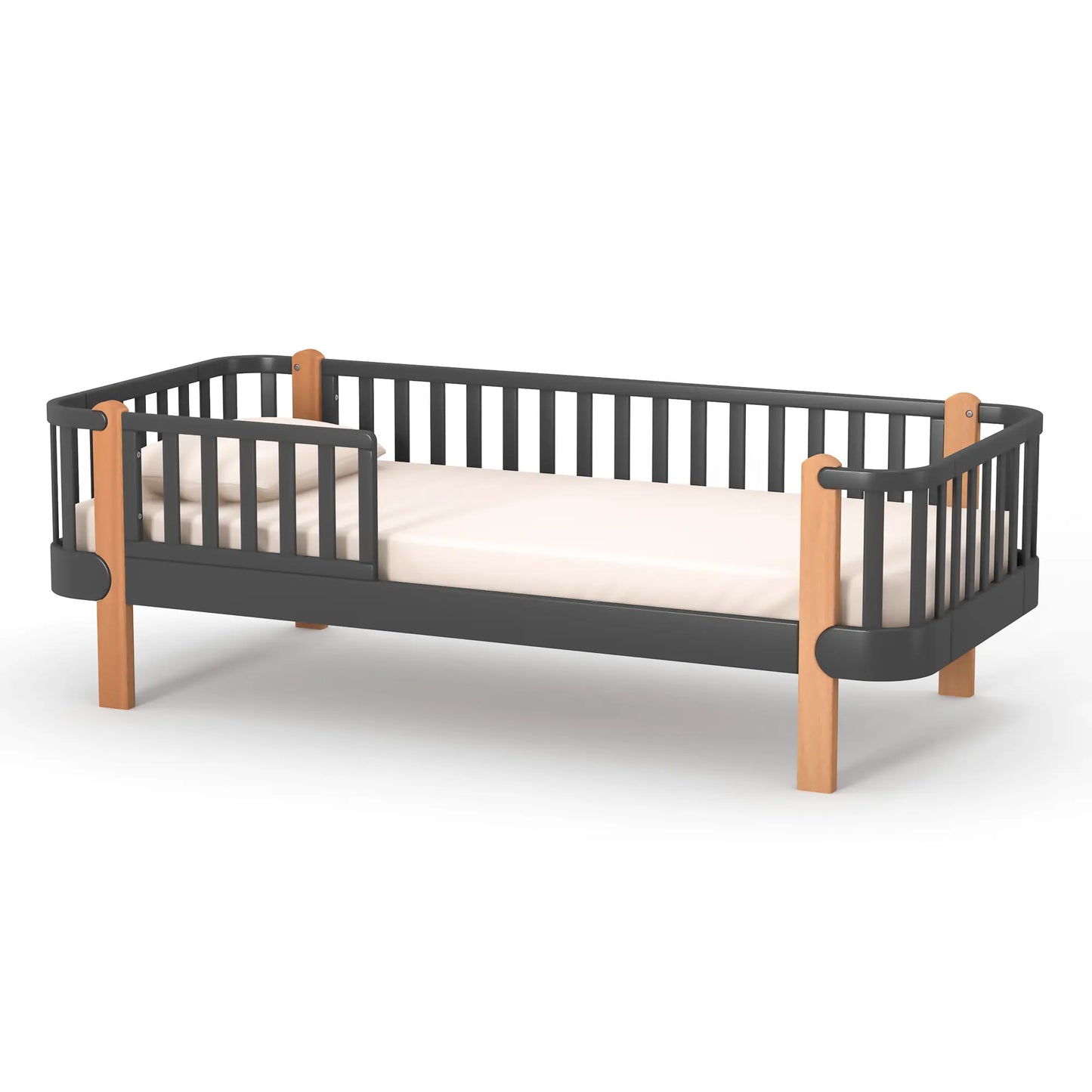 Veres Monaco 190 Jugendbett in Anthrazit Natur. Kontrastreiche Optik mit dunklem Rahmen und natürlichen Holzelementen für ein modernes Ambiente.