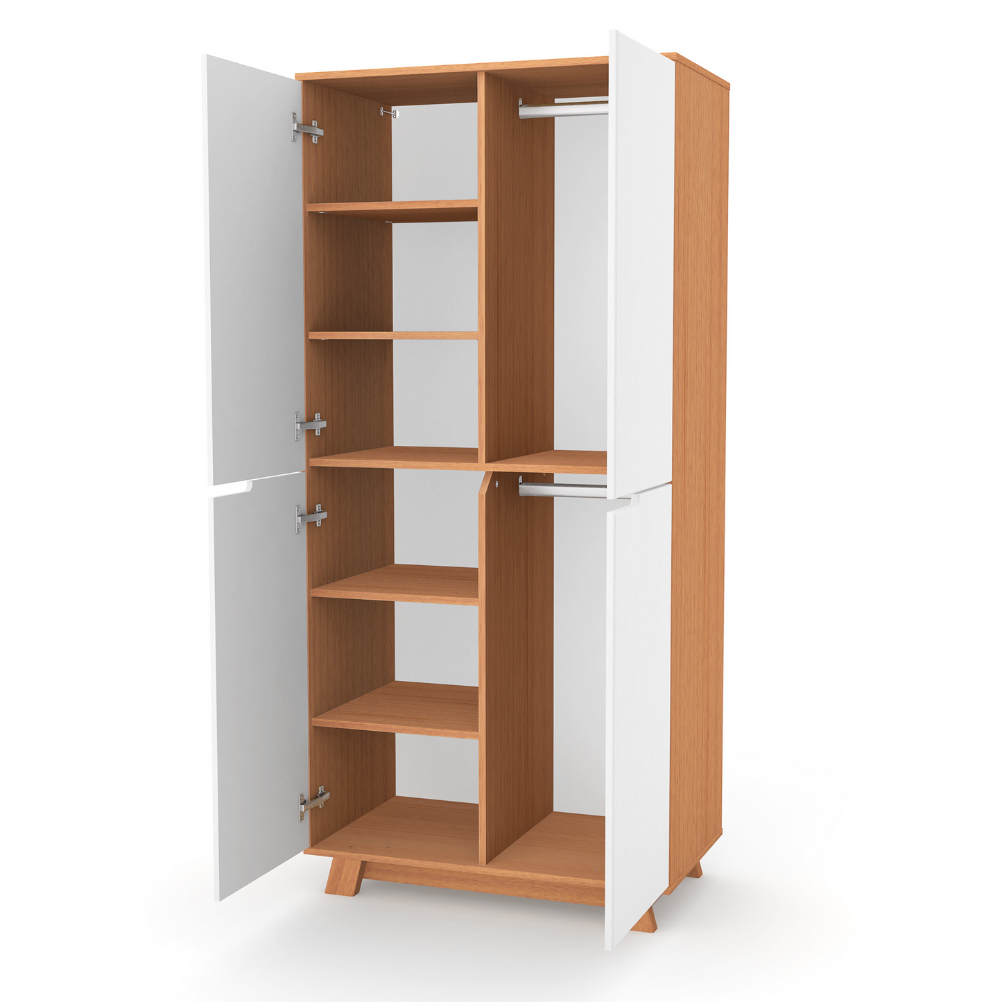 Geöffneter Veres Manhattan 850 Schrank, zeigt Stauraum mit Regalen und zwei Kleiderstangen.
