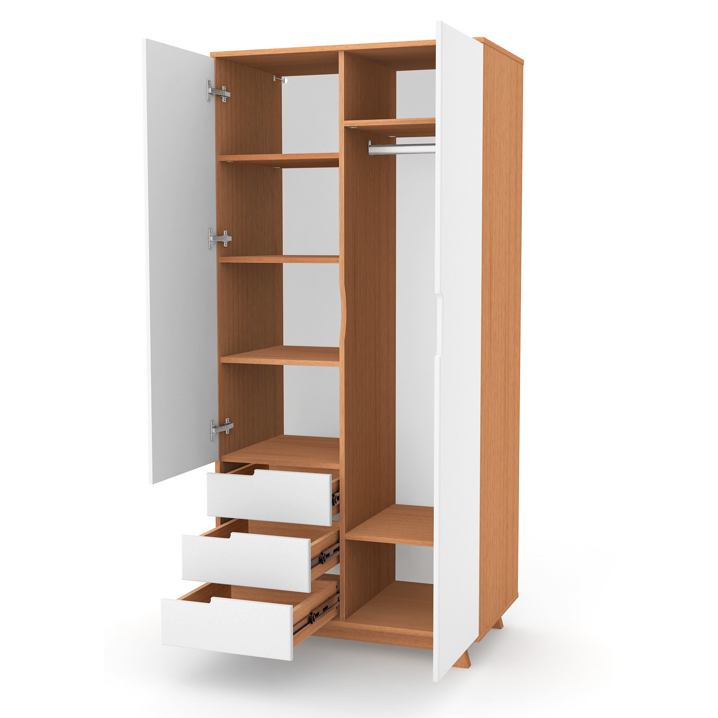 Geöffneter Veres Manhattan 850 Kinderkleiderschrank zeigt die Innenaufteilung mit sechs Regalfächern, einer Kleiderstange und drei Schubladen für optimale Organisation.