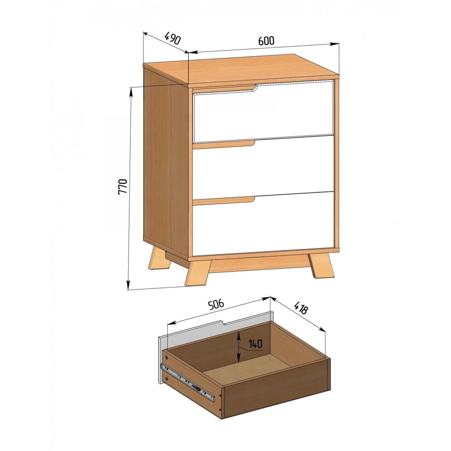 Maßzeichnung der Veres Manhattan 600 Kinderkommode mit detaillierten Abmessungen und Aufbauanleitung