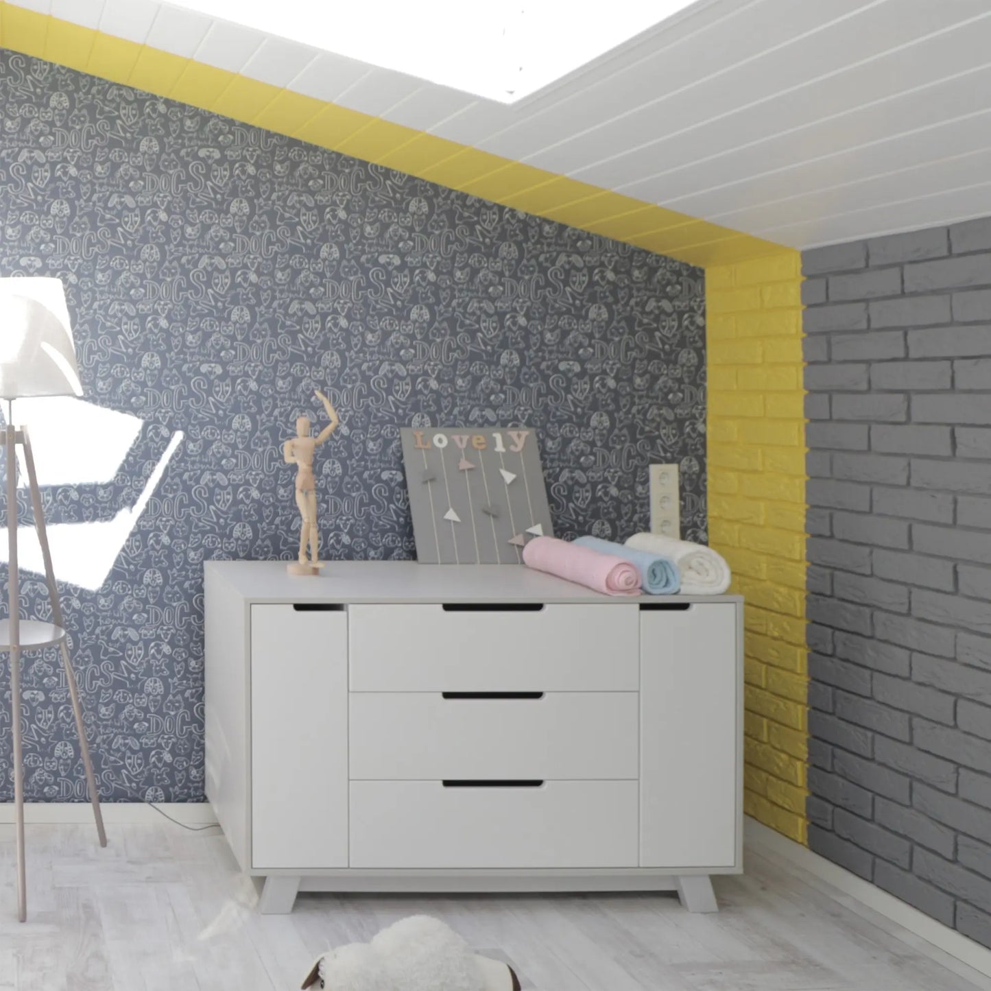 Detailansicht der Veres Manhattan 1200 Kommode in Weiß Grau, präsentiert in einem harmonisch eingerichteten Kinderzimmer.