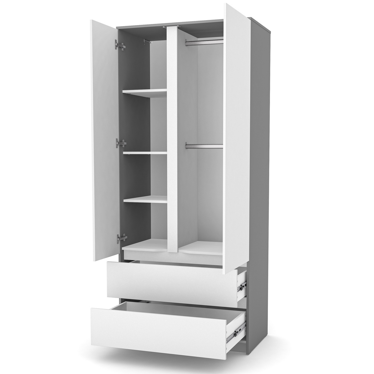 Schrank Veres Bern 900 in Weiß und Graphit mit offenen Türen – moderner Schrank mit Stauraum für Kleidung und Accessoires.