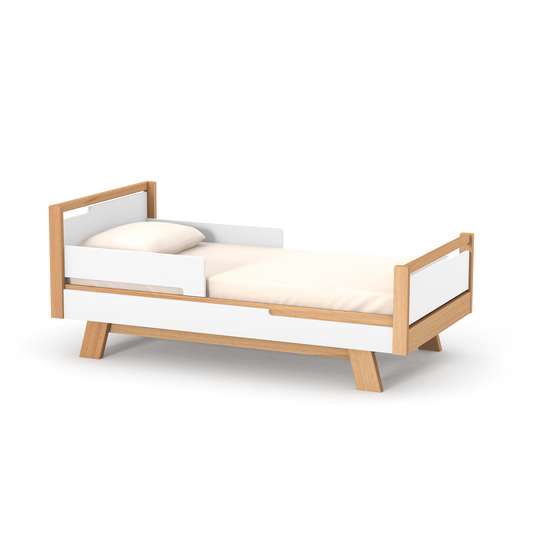Veres Manhattan 160 Jugendbett in Weiß Natur. Modernes Design mit natürlichem Holzcharakter, gepolstertem Kopfteil und geräumigem Stauraum.