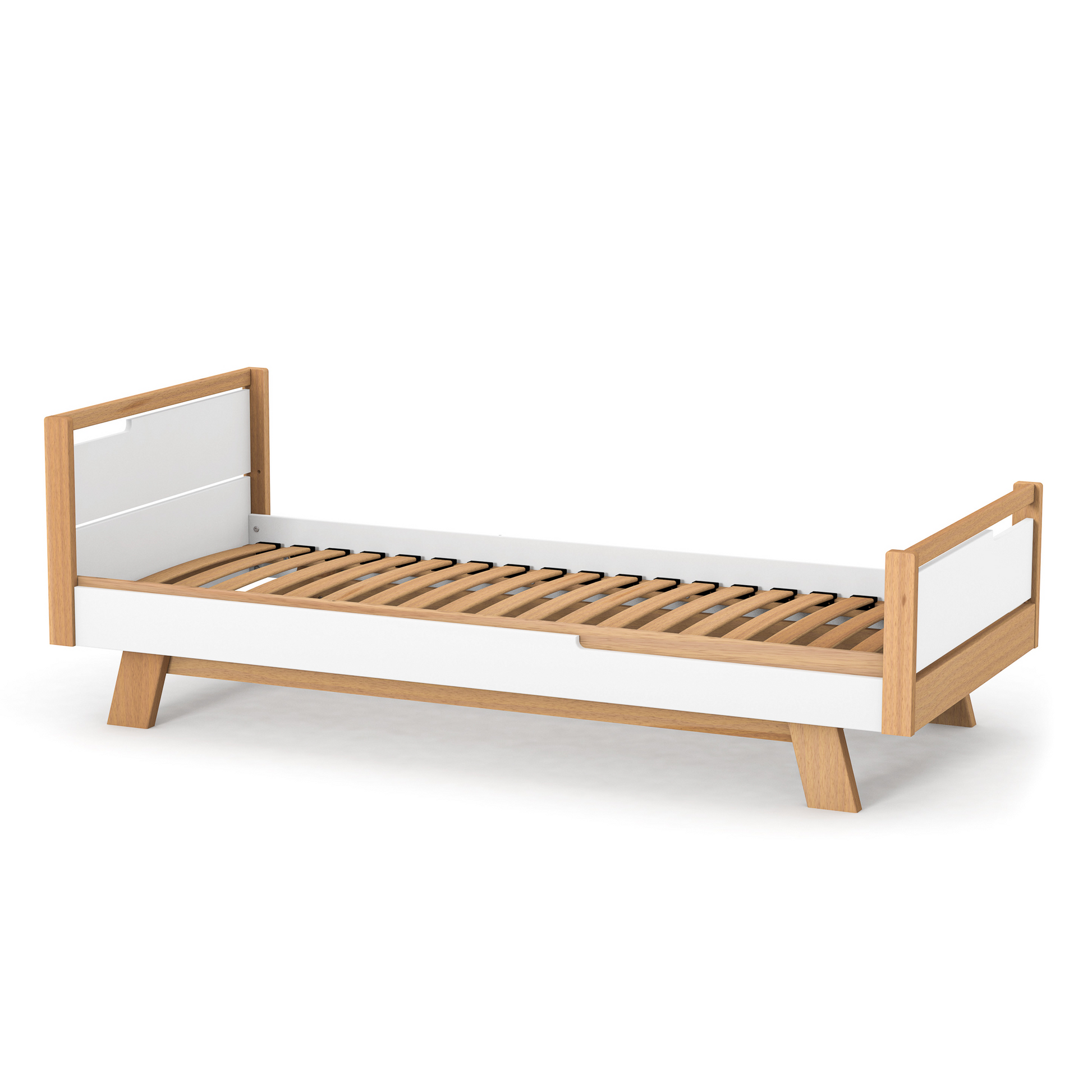 Veres Manhattan 190 Jugendbett in Weiß Natur mit sichtbar integriertem Lattenrost. Robuste Lattenkonstruktion sorgt für eine stabile und ergonomische Liegefläche.