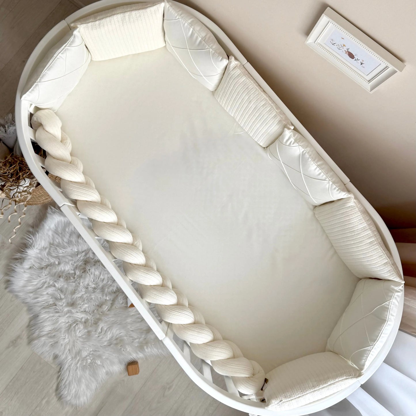 Babybettwäsche-Set 6 für ovale Babybetten 140×70 cm – TraumLand Milchweiß