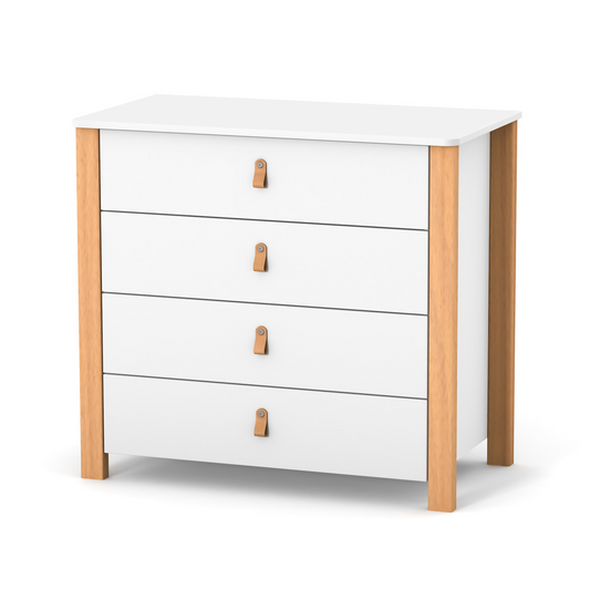 Veres Monaco 900 Kinderkommode in Weiß Natur. Elegante Kommode mit natürlichen Holzakzenten für ein warmes und modernes Kinderzimmer.